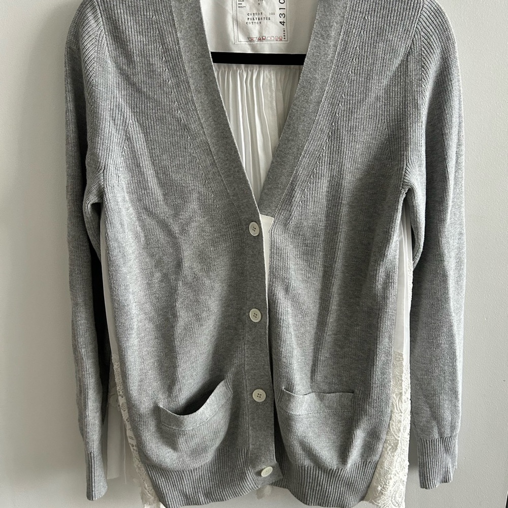 Sacai Gray Cardigan Sweater V-Neck Knit with Lace and Pleated back